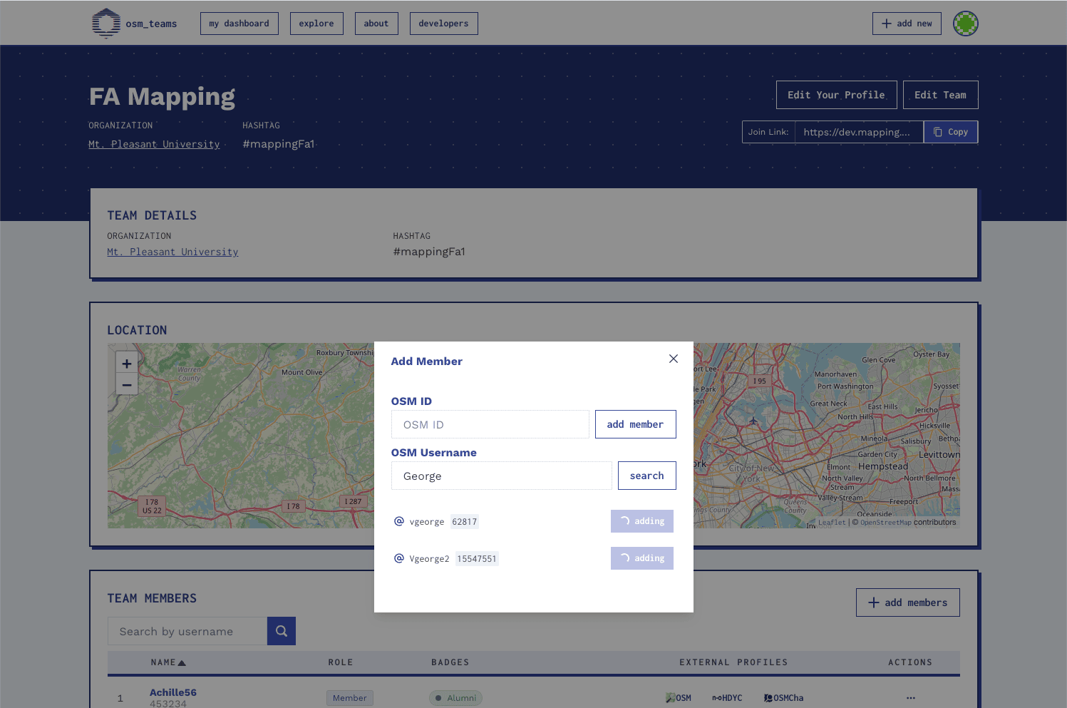 Adding members to a team on OSM Teams